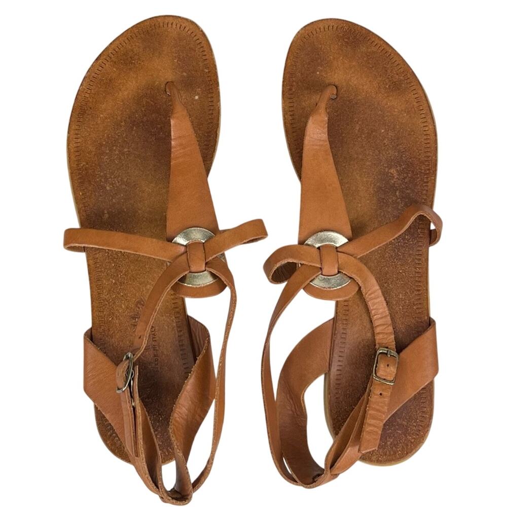 MARIELLE Brown T-Strap Leather Sandals Sz 9/9.5 Comfort Breathable‎ Lightweight